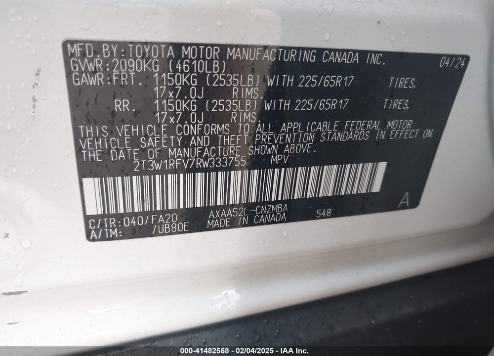 2024 TOYOTA RAV4 XLE VIN: 2T3W1RFV7RW333755