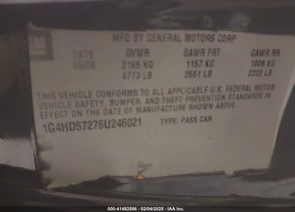 2006 BUICK LUCERNE VIN: 1G4HD57276U246021
