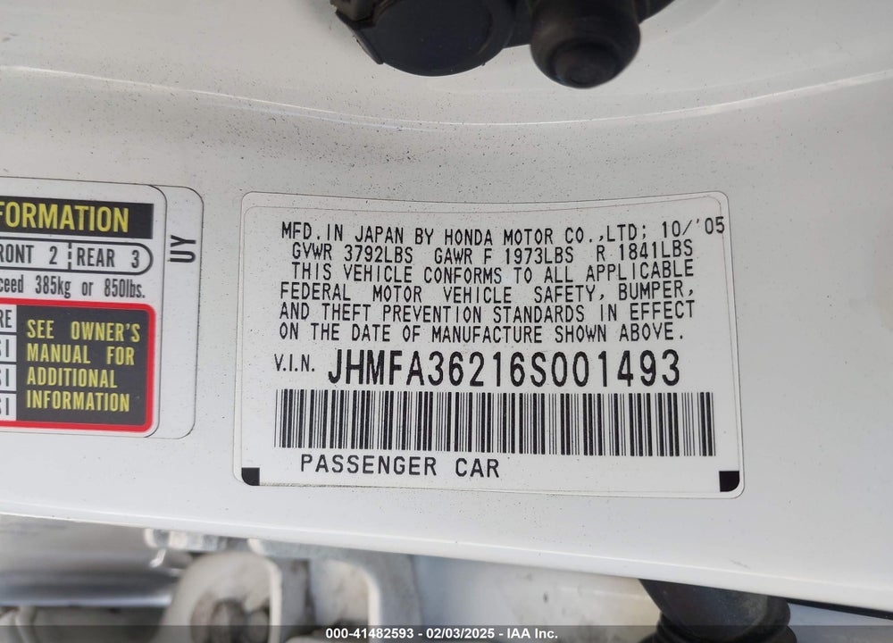 2006 HONDA CIVIC HYBRID VIN: JHMFA36216S001493