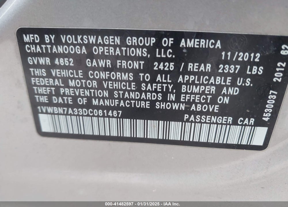 2013 VOLKSWAGEN PASSAT 2.0L TDI SE VIN: 1VWBN7A33DC061467