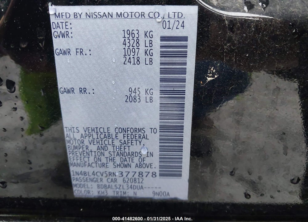 2024 NISSAN ALTIMA SR FWD VIN: 1N4BL4CV5RN377878
