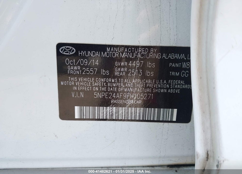 2015 HYUNDAI SONATA SE VIN: 5NPE24AF9FH105271