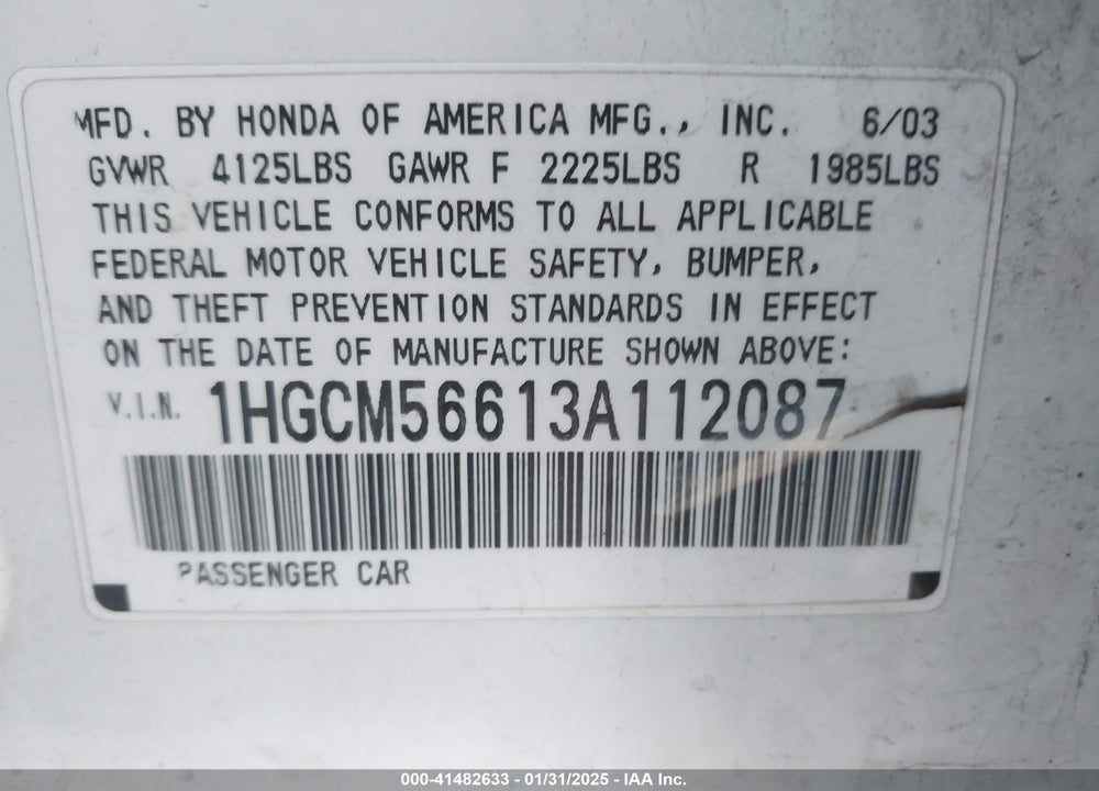 2003 HONDA ACCORD 2.4 EX VIN: 1HGCM56613A112087
