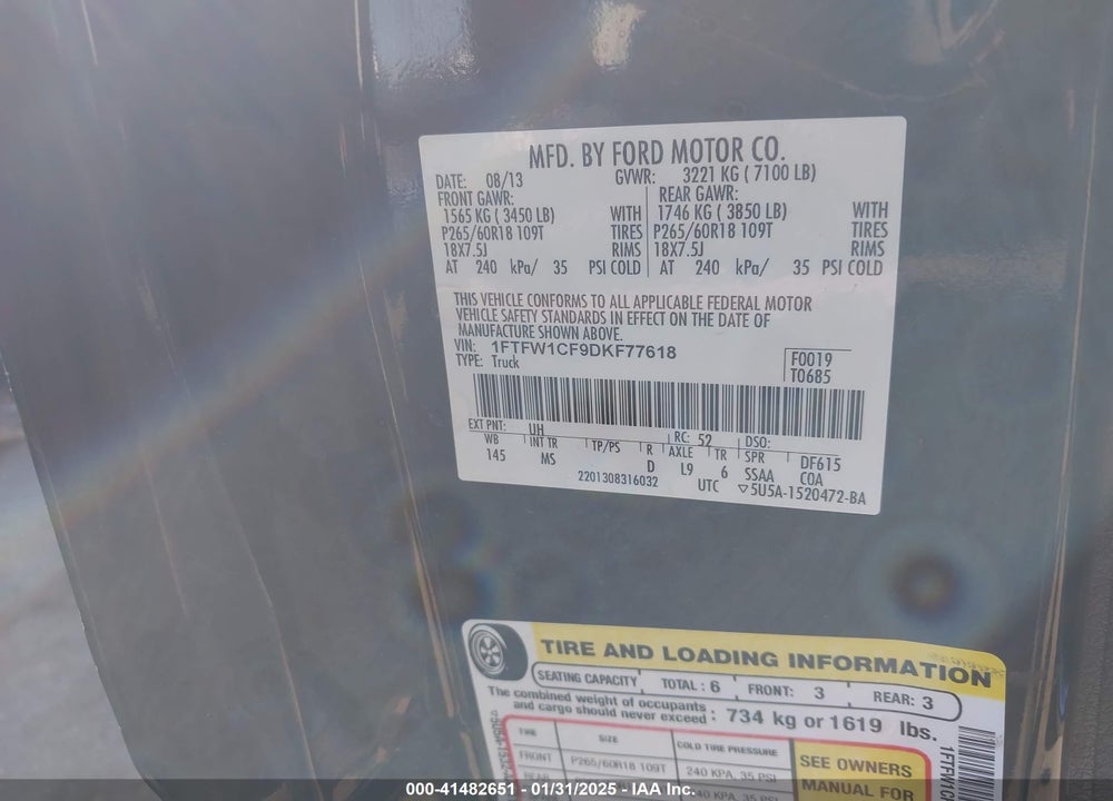 2013 FORD F-150 VIN: 1FTFW1CF9DKF77618