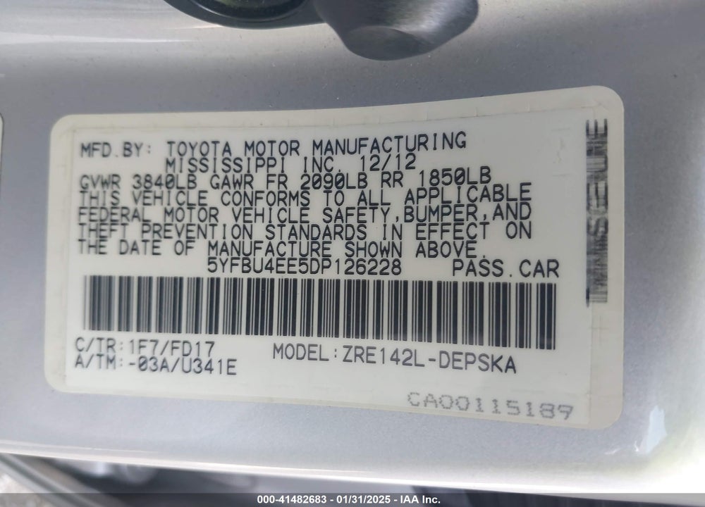 2013 TOYOTA COROLLA VIN: 5YFBU4EE5DP126228