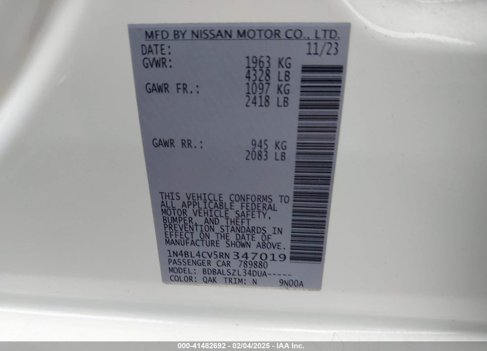 2024 NISSAN ALTIMA SR FWD VIN: 1N4BL4CV5RN347019