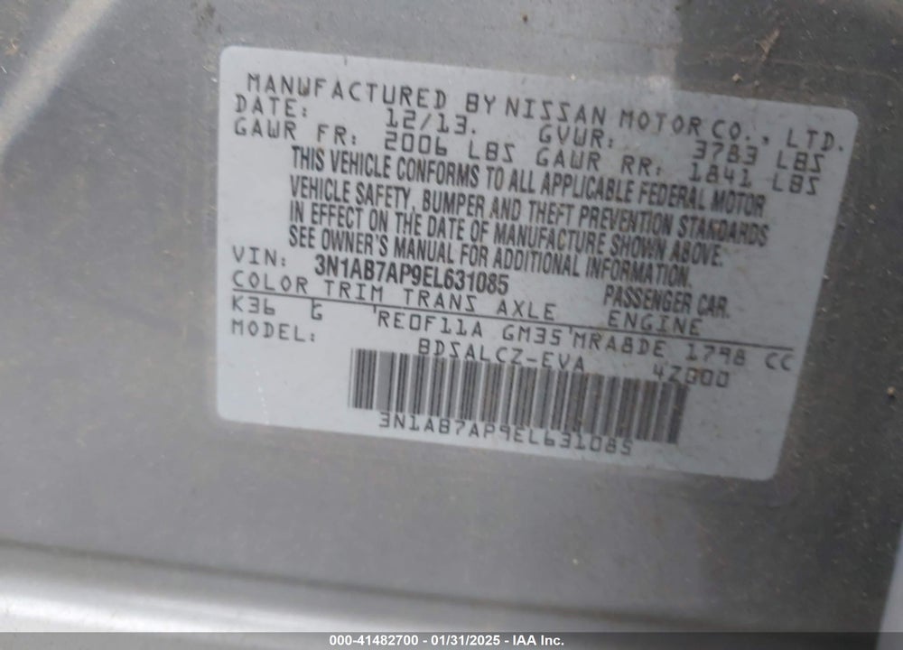 2014 NISSAN SENTRA VIN: 3N1AB7AP9EL631085