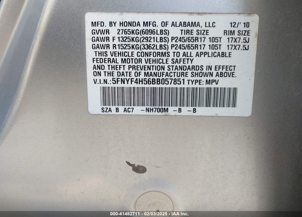 2011 HONDA PILOT EX-L VIN: 5FNYF4H56BB057851