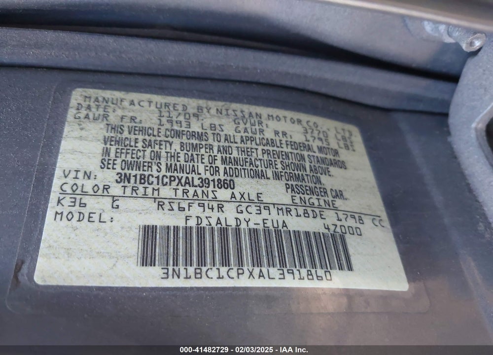 2010 NISSAN VERSA 1.8S VIN: 3N1BC1CPXAL391860