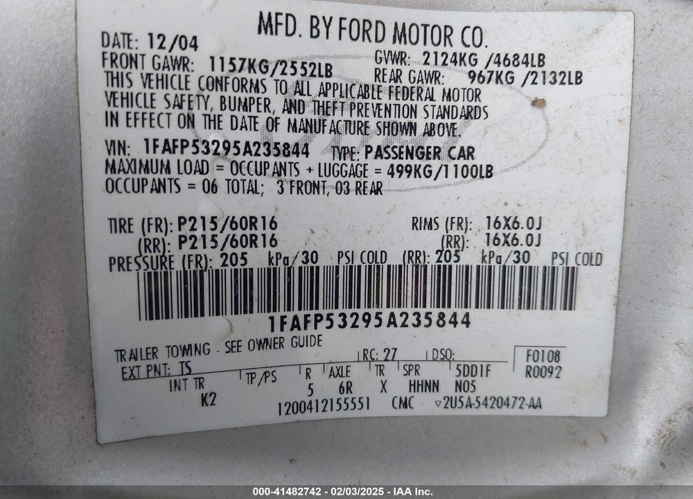 2005 FORD TAURUS SE VIN: 1FAFP53295A235844