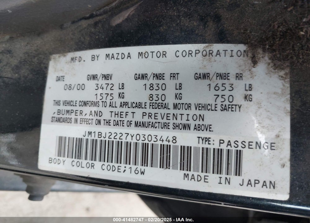 2000 MAZDA PROTEGE DX/LX VIN: JM1BJ2227Y0303448