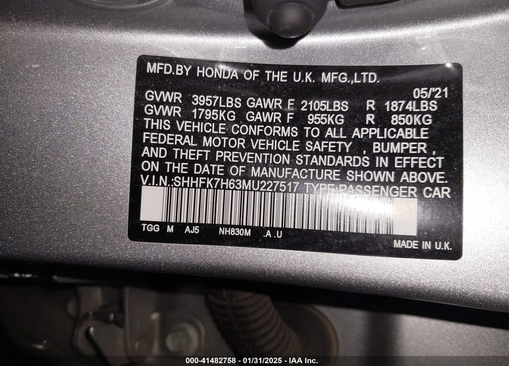 2021 HONDA CIVIC VIN: SHHFK7H63MU227517