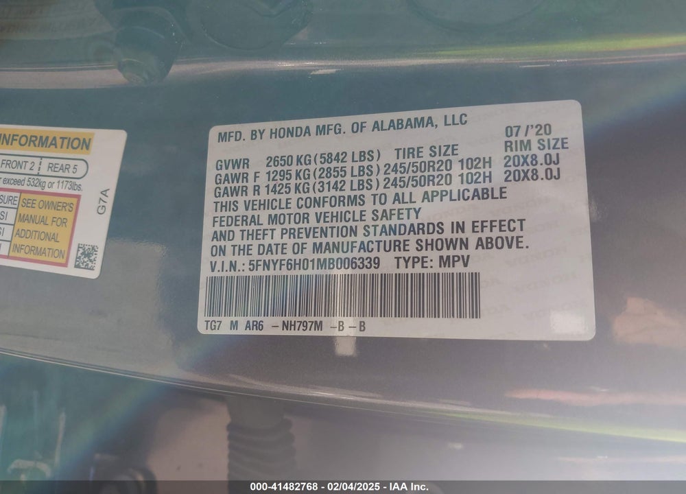 2021 HONDA PILOT AWD ELITE VIN: 5FNYF6H01MB006339