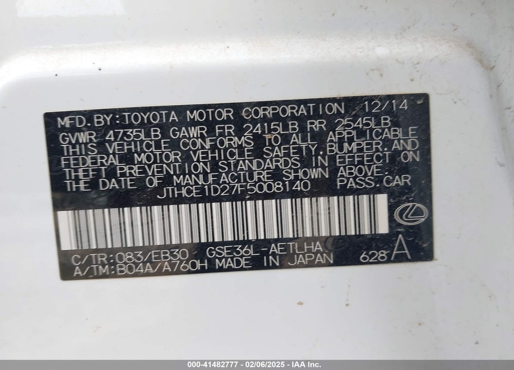 2015 LEXUS IS 350 VIN: JTHCE1D27F5008140