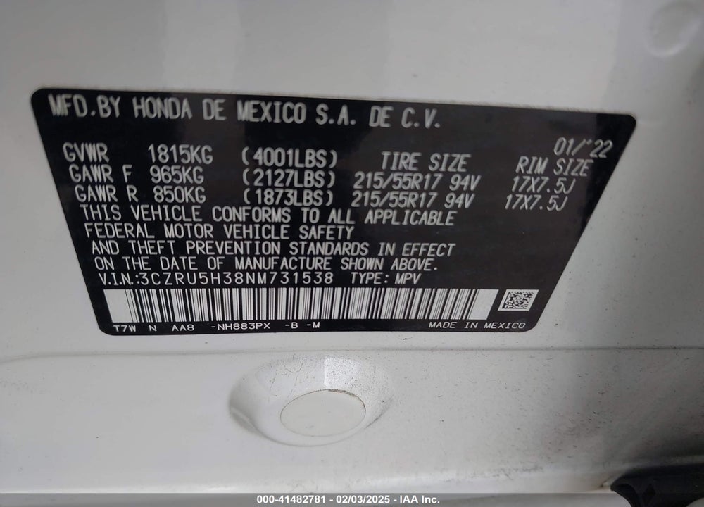 2022 HONDA HR-V VIN: 3CZRU5H38NM731538
