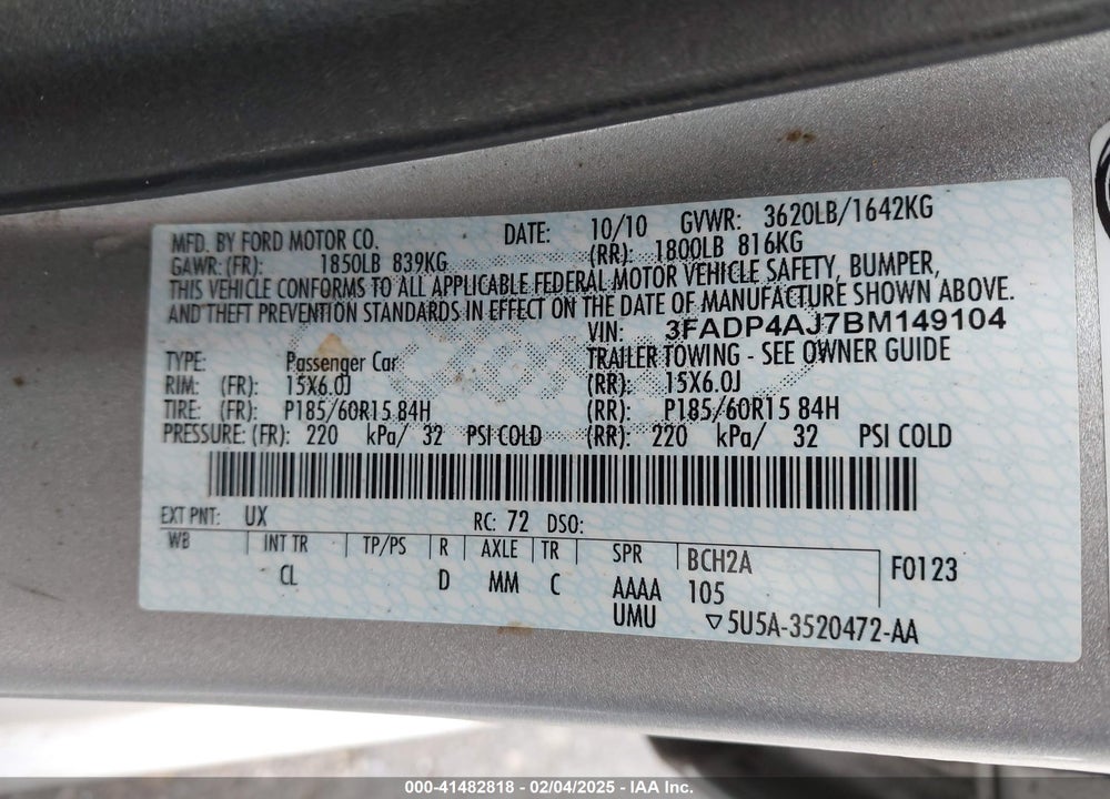 2011 FORD FIESTA S VIN: 3FADP4AJ7BM149104
