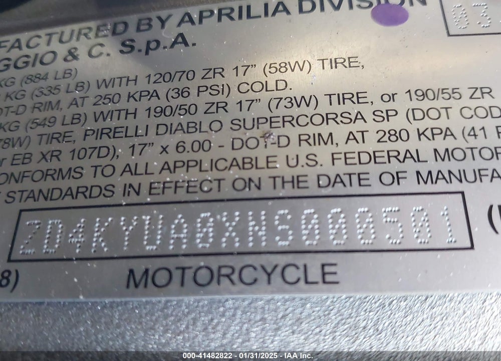 2022 APRILIA RSV4 1100 VIN: ZD4KYUA0XNS000501