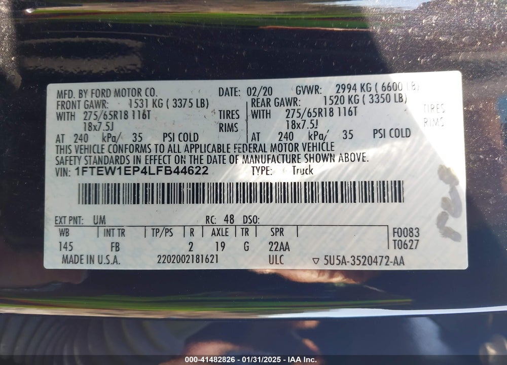 2020 FORD F-150 VIN: 1FTEW1EP4LFB44622