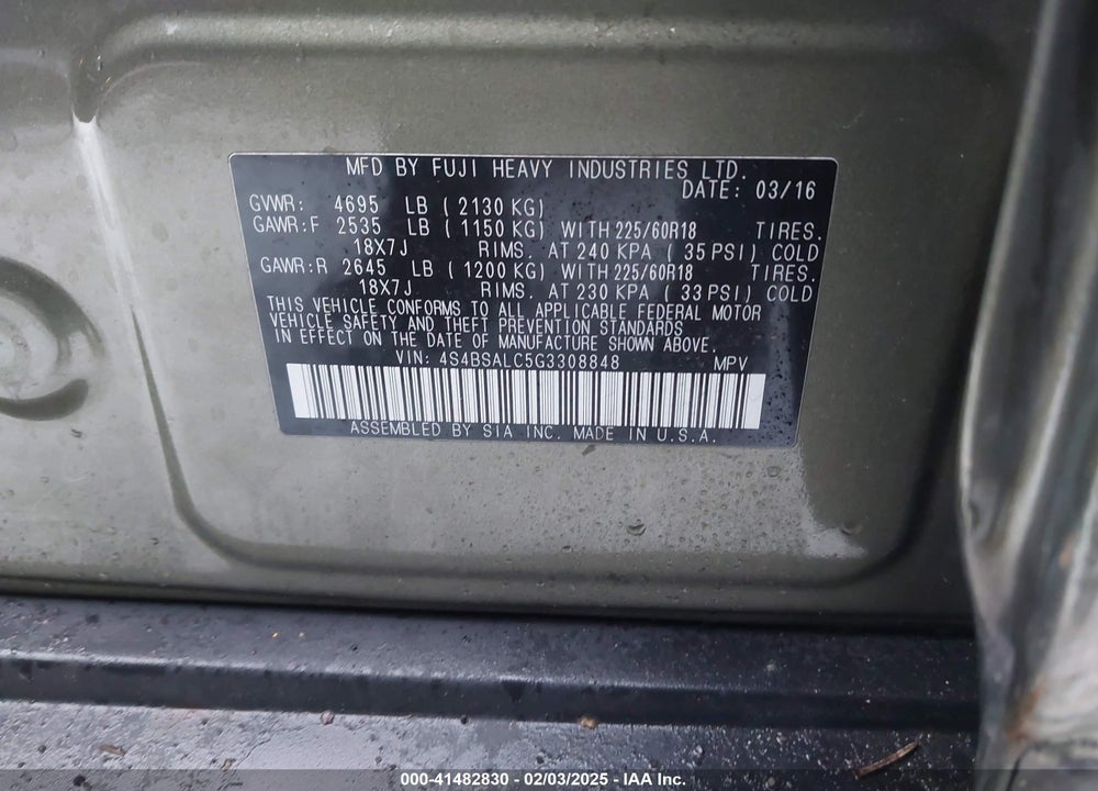 2016 SUBARU OUTBACK VIN: 4S4BSALC5G3308848
