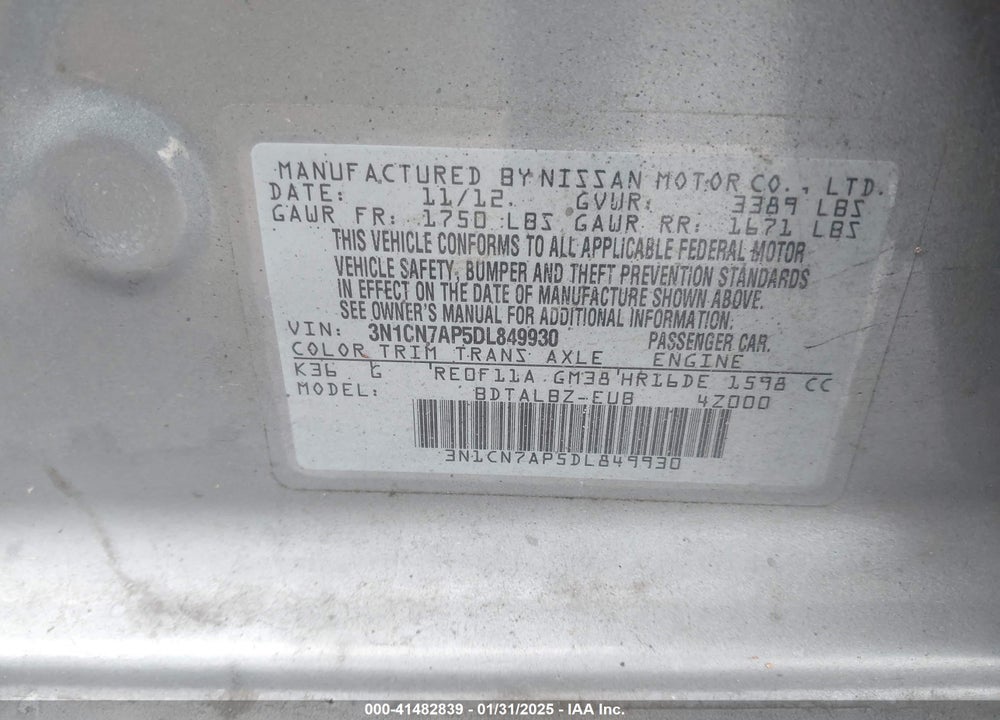 2013 NISSAN VERSA VIN: 3N1CN7AP5DL849930