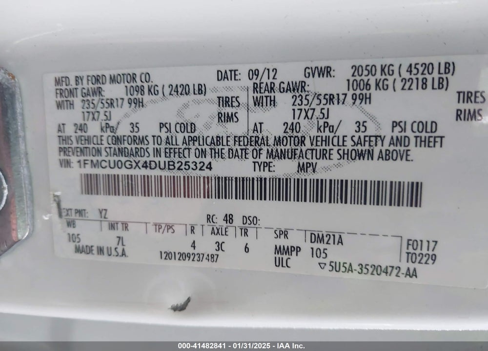 2013 FORD ESCAPE VIN: 1FMCU0GX4DUB25324