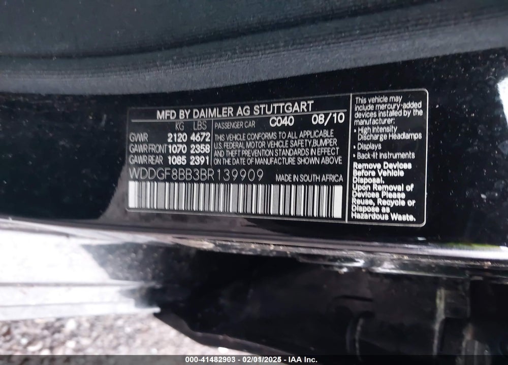 2011 MERCEDES-BENZ C 300 VIN: WDDGF8BB3BR139909