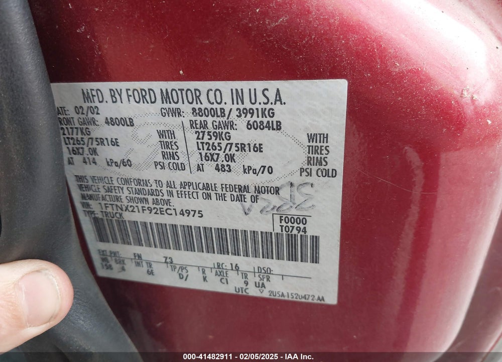 2002 FORD F-250 LARIAT/XL/XLT VIN: 1FTNX21F92EC14975