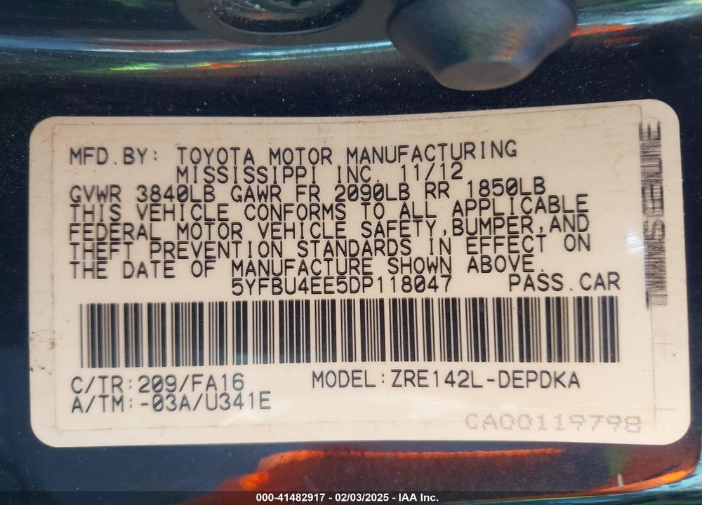 2013 TOYOTA COROLLA VIN: 5YFBU4EE5DP118047