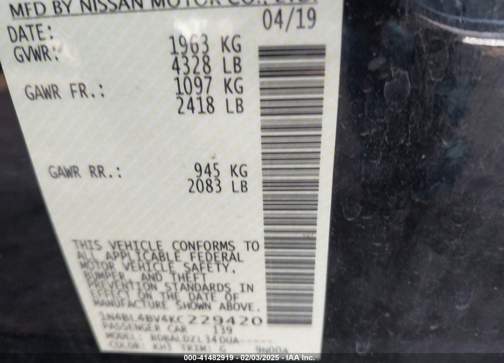 2019 NISSAN ALTIMA 2.5 S VIN: 1N4BL4BV4KC229420