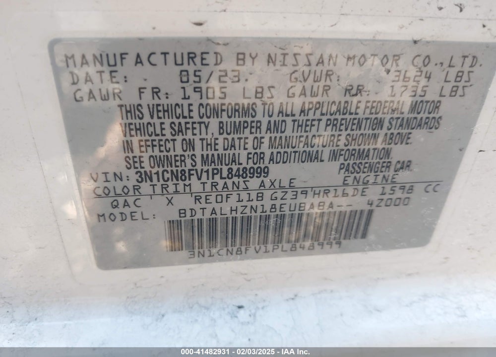 2023 NISSAN VERSA 1.6 SR XTRONIC CVT VIN: 3N1CN8FV1PL848999