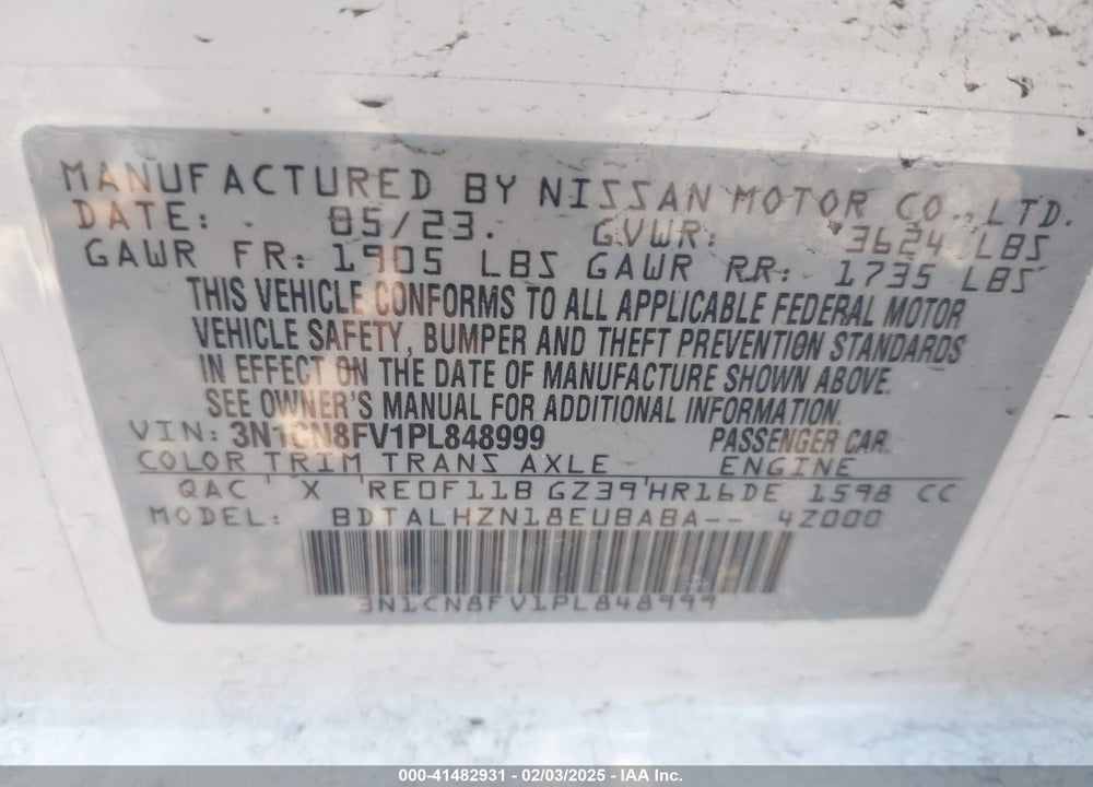 2023 NISSAN VERSA 1.6 SR XTRONIC CVT VIN: 3N1CN8FV1PL848999