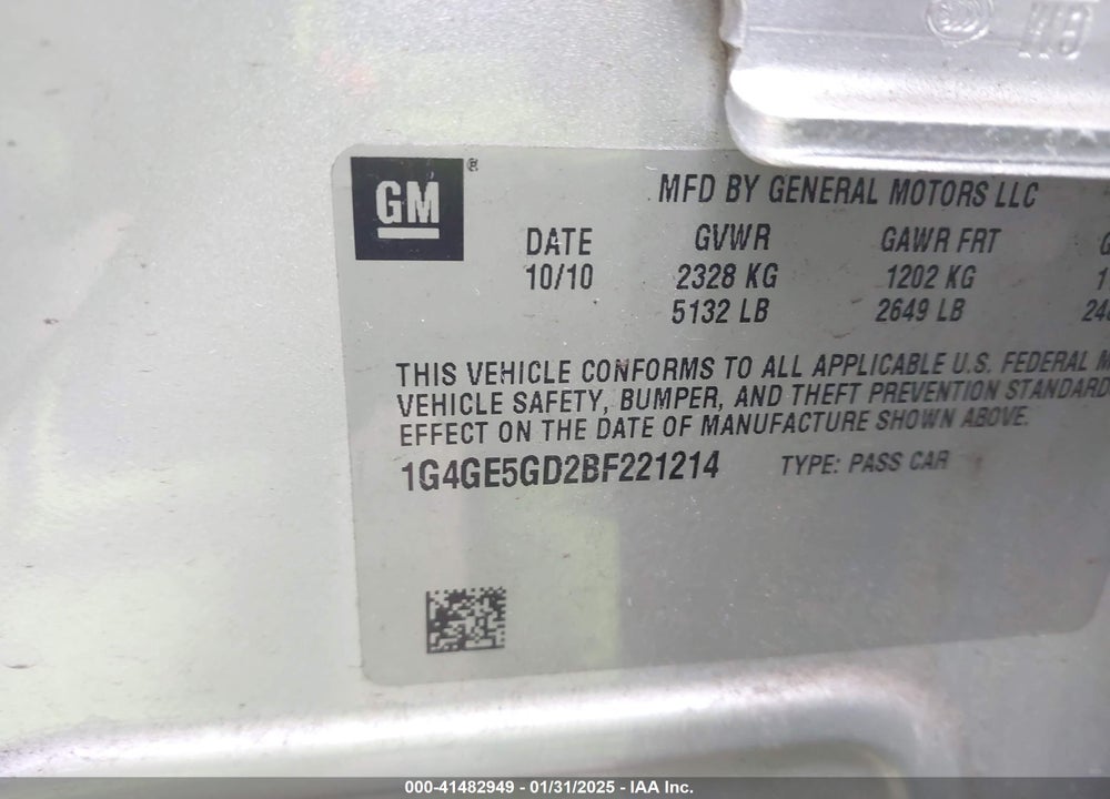 2011 BUICK LACROSSE CXS VIN: 1G4GE5GD2BF221214