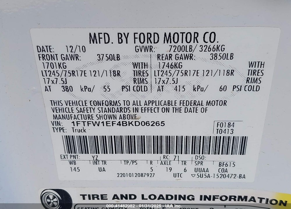 2011 FORD F-150 XLT VIN: 1FTFW1EF4BKD06265