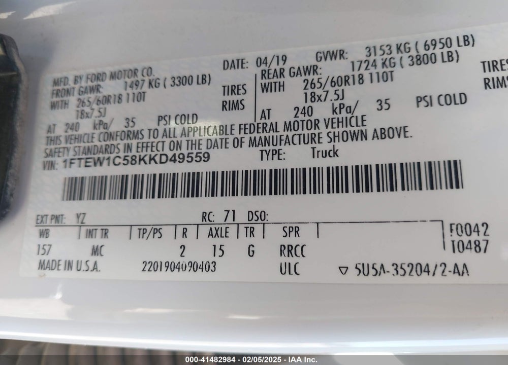 2019 FORD F-150 XLT VIN: 1FTEW1C58KKD49559