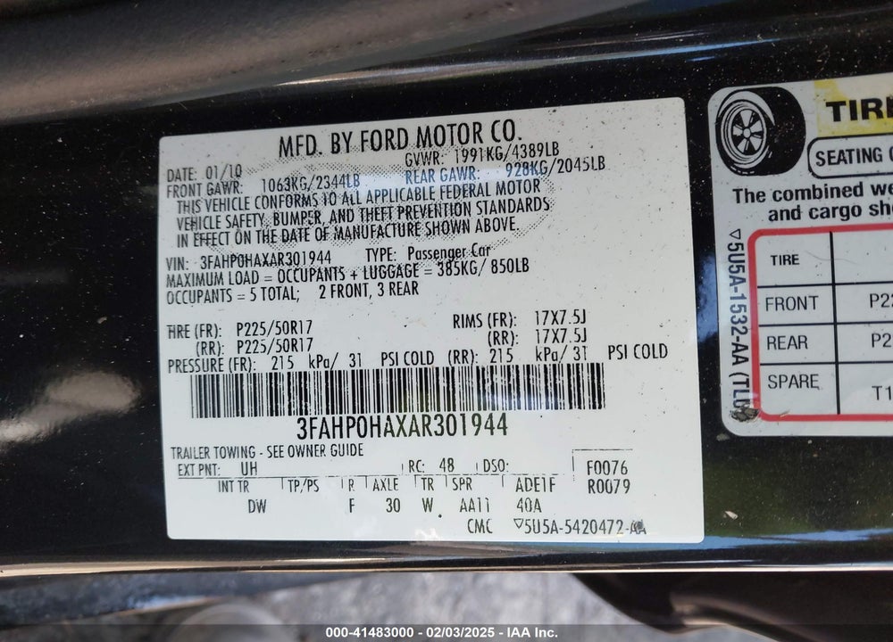 2010 FORD FUSION VIN: 3FAHP0HAXAR301944