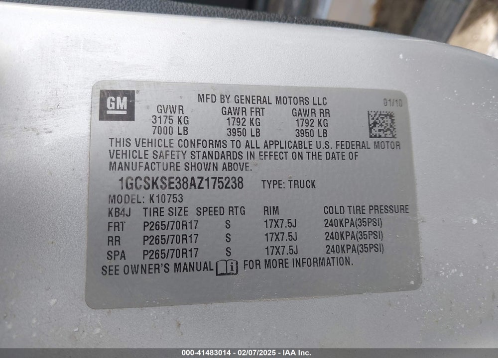 2010 CHEVROLET SILVERADO 1500 VIN: 1GCSKSE38AZ175238