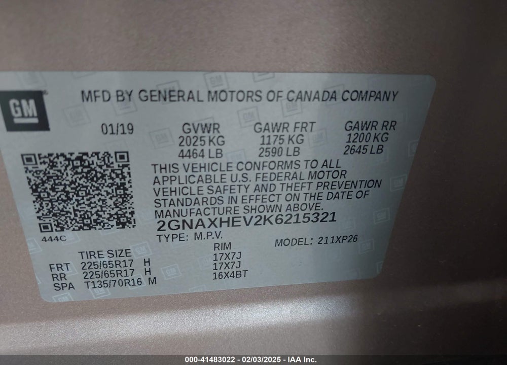2019 CHEVROLET EQUINOX VIN: 2GNAXHEV2K6215321