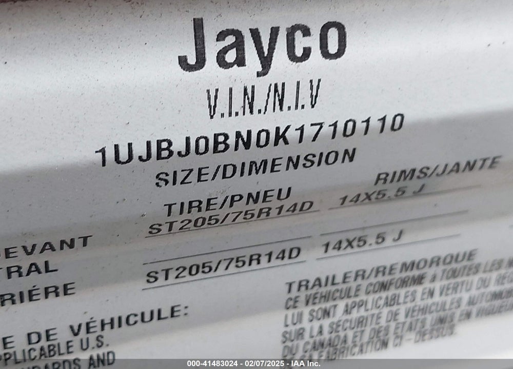 2019 JAYCO 71 235 RKSFLX VIN: 1UJBJ0BN0K1710110