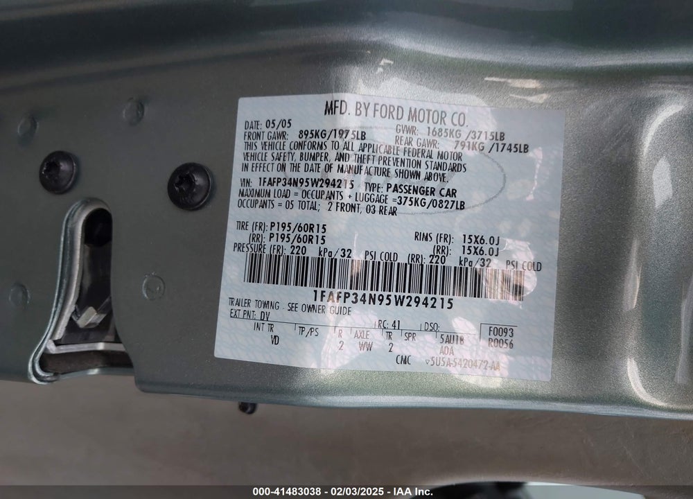 2005 FORD FOCUS ZX4 VIN: 1FAFP34N95W294215