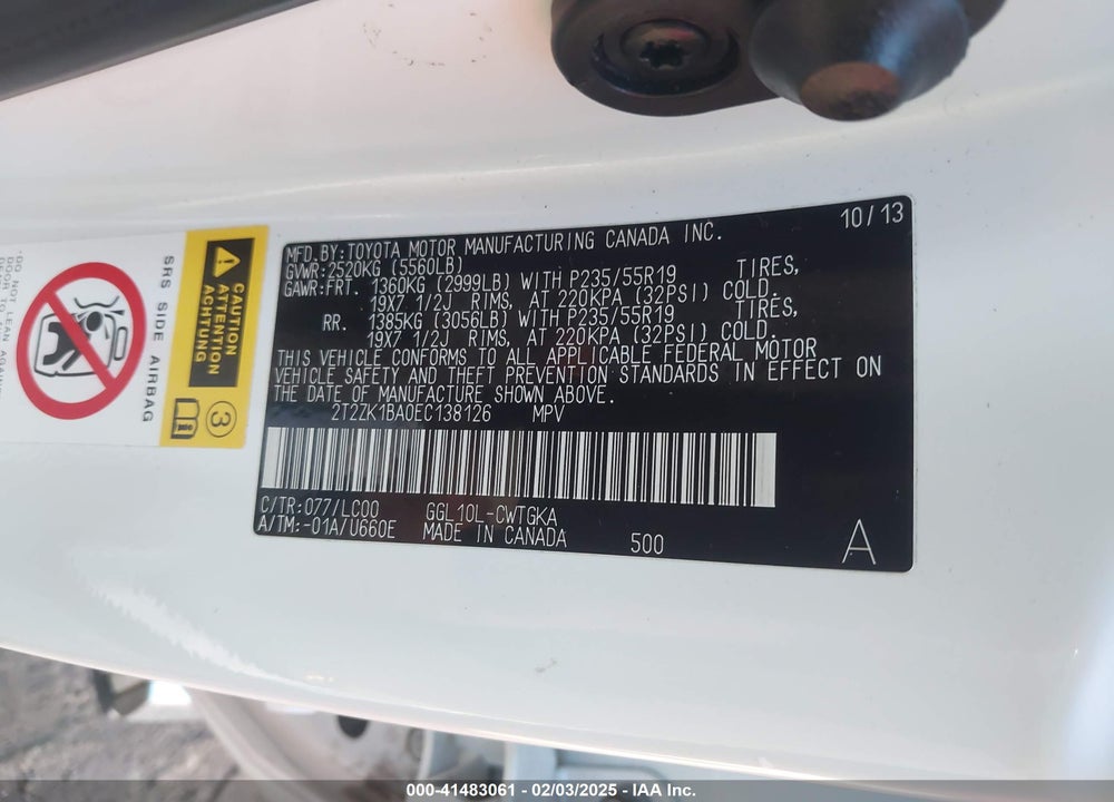 2014 LEXUS RX VIN: 2T2ZK1BA0EC138126