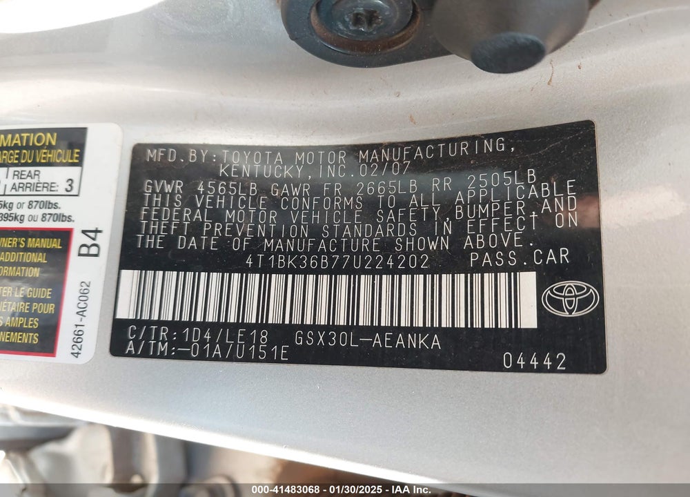 2007 TOYOTA AVALON VIN: 4T1BK36B77U224202