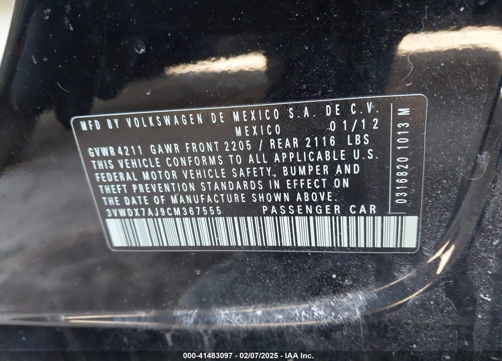 2012 VOLKSWAGEN JETTA 2.5L SE VIN: 3VWDX7AJ9CM367555