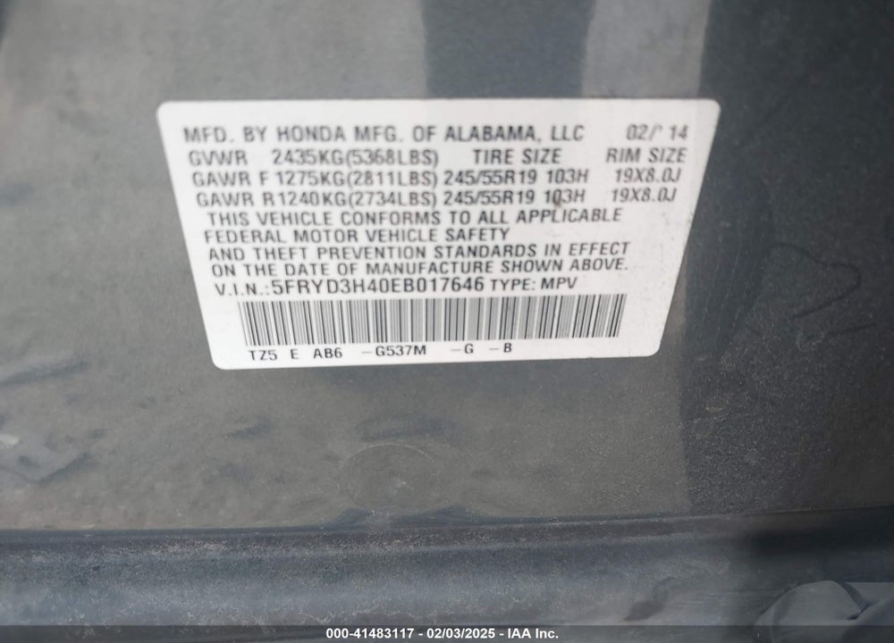 2014 ACURA MDX TECHNOLOGY PACKAGE VIN: 5FRYD3H40EB017646