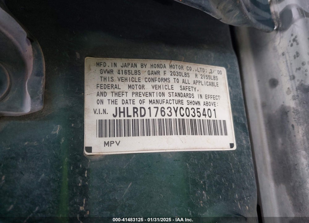2000 HONDA CR-V EX VIN: JHLRD1763YC035401