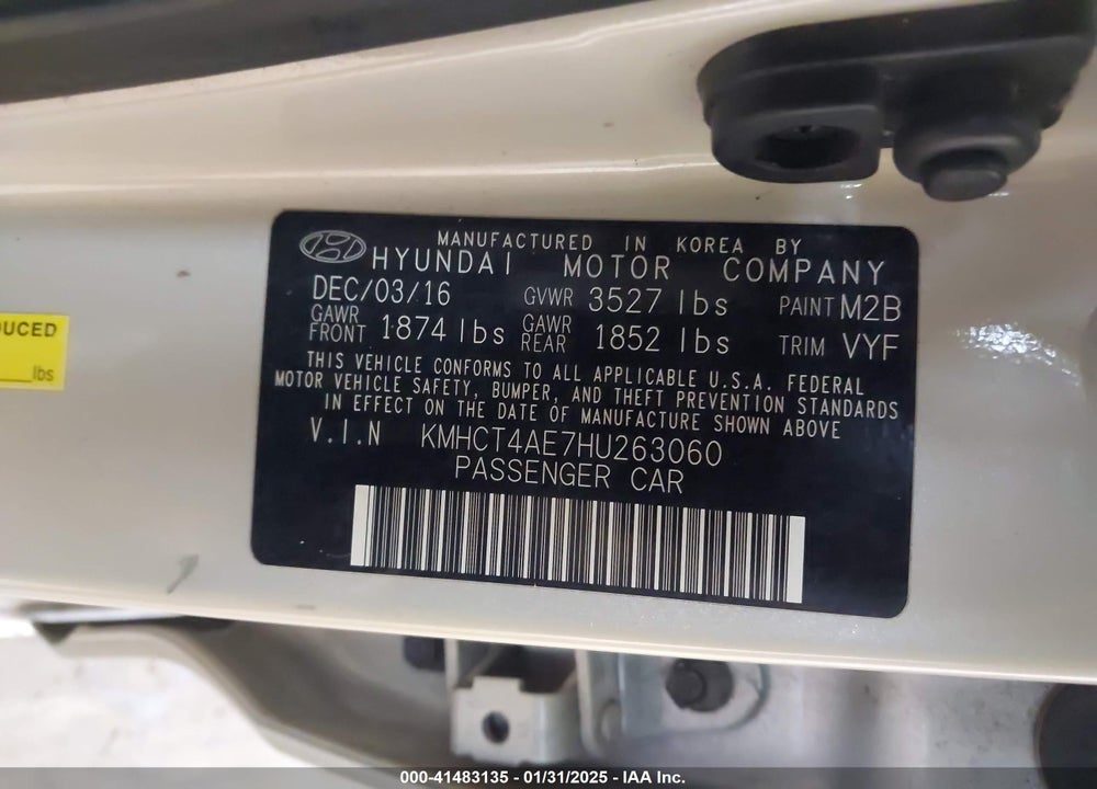 2017 HYUNDAI ACCENT VIN: KMHCT4AE7HU263060