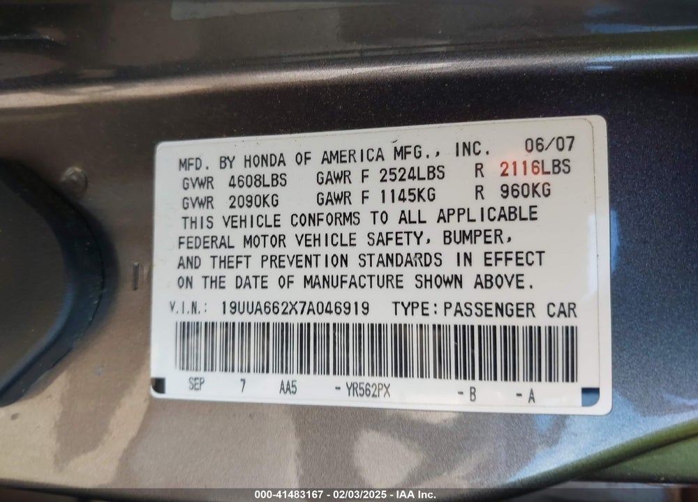 2007 ACURA TL VIN: 19UUA662X7A046919
