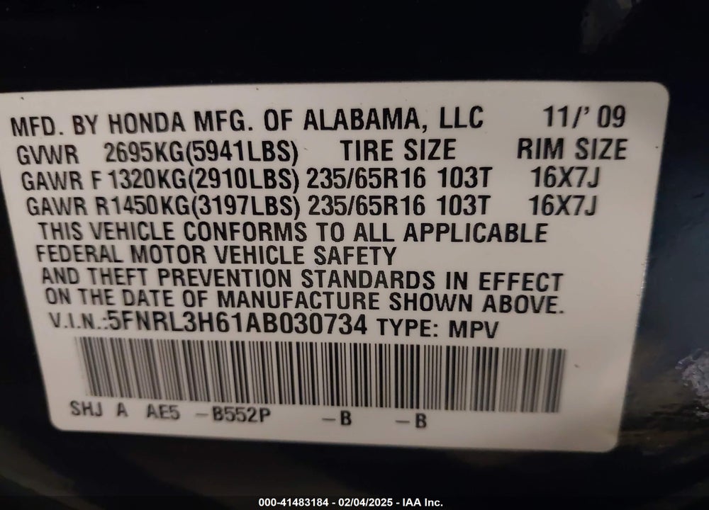 2010 HONDA ODYSSEY EX-L VIN: 5FNRL3H61AB030734