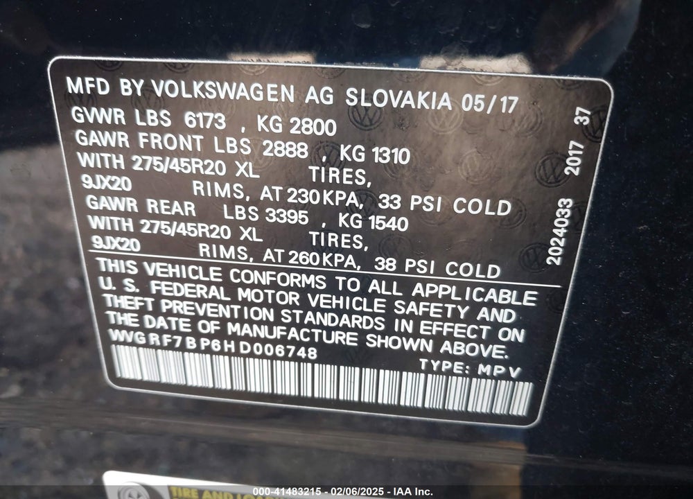 2017 VOLKSWAGEN TOUAREG V6 WOLFSBURG EDITION VIN: WVGRF7BP6HD006748