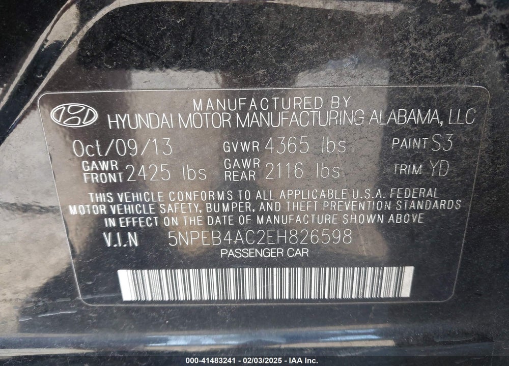 2014 HYUNDAI SONATA VIN: 5NPEB4AC2EH826598