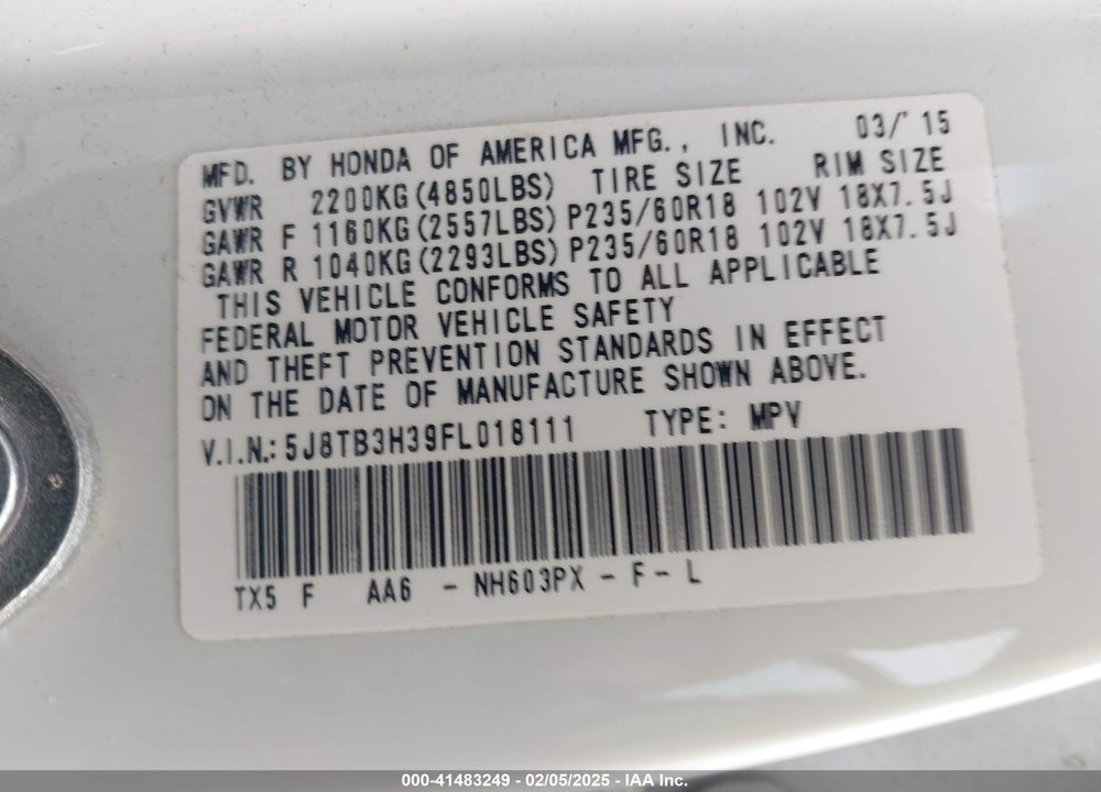 2015 ACURA RDX VIN: 5J8TB3H39FL018111